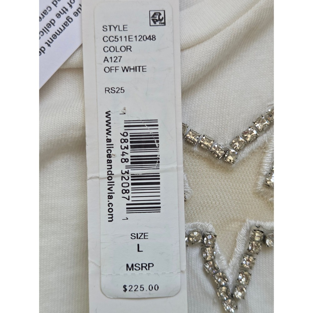 Alice + Olivia T-Shirt Cindy Crystal Star Embellished Women L Off White NWT $225 - Picture 7 of 8